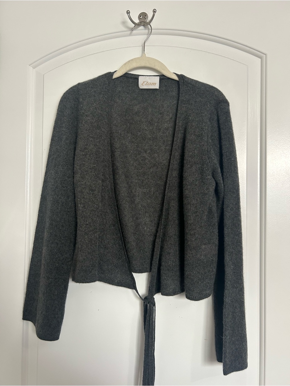 Etam 100% Cashmere Gray Tie-Waist Cardigan size S Chic Preppy Quiet Luxury 90s